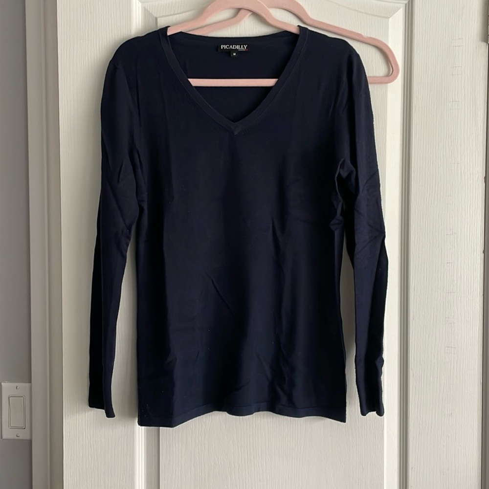 V neck long sleeved navy blue sweater.